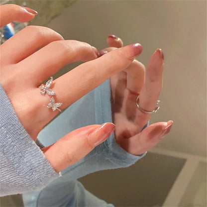 Women’s Adjustable Butterfly Ring – Silver Acrylic Crystal Zircon Kpop Jewelry