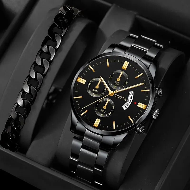 Men’s Luxury Quartz Watch – Business Wristwatch with Calendar and Bracelet Strap Jewelry Set