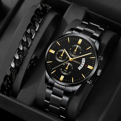 Men’s Luxury Quartz Watch – Business Wristwatch with Calendar and Bracelet Strap Jewelry Set