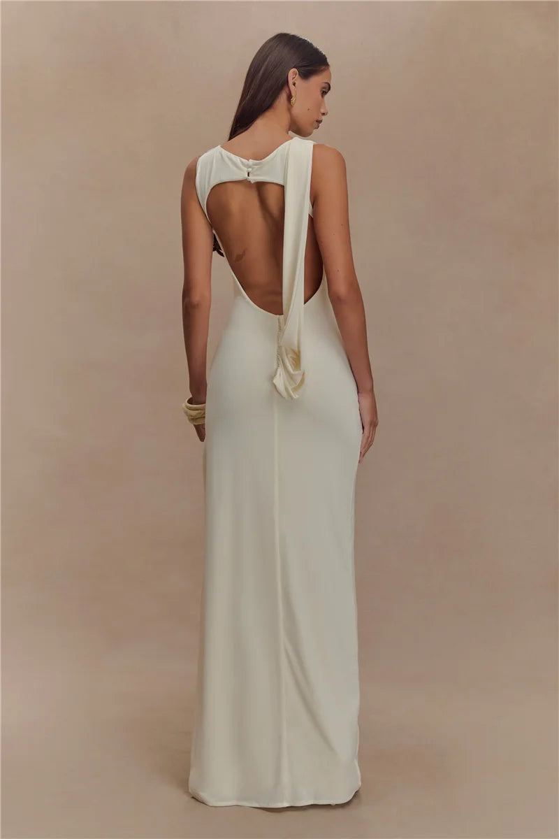Women’s Backless Ruched Maxi Dress – Elegant Sleeveless High Split Summer Evening Gown