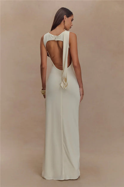 Women’s Backless Ruched Maxi Dress – Elegant Sleeveless High Split Summer Evening Gown