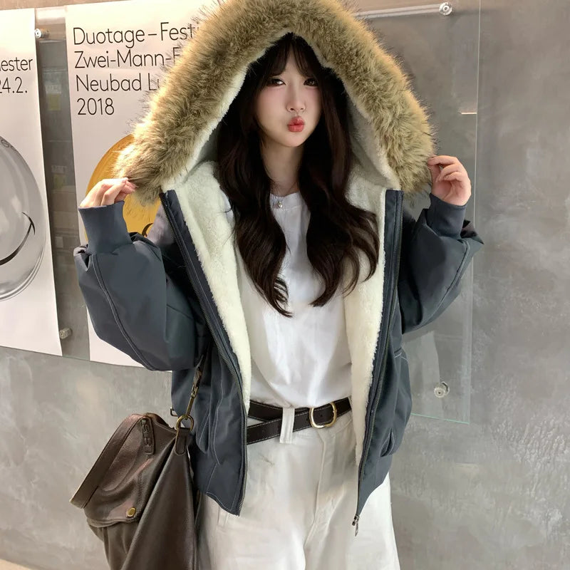 Women’s Fur Collar Jacket Outerwear – Short Hooded Retro Jacket
