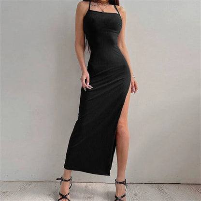 Women’s Black Halter Neck Maxi Dress – Sleeveless High Split Elegant Summer Evening Party Dress