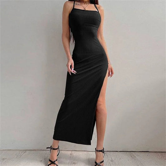 Women’s Black Halter Neck Maxi Dress – Sleeveless High Split Elegant Summer Evening Party Dress
