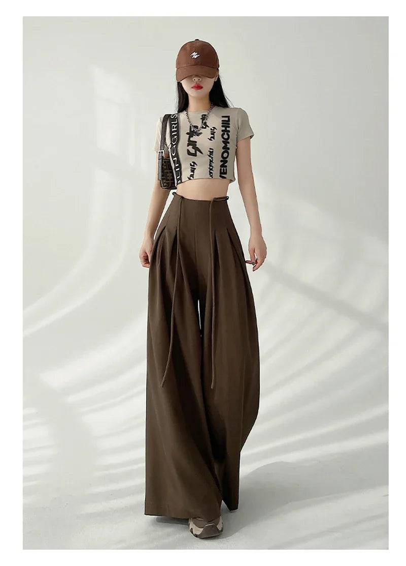 Women’s Streetwear Wide Leg Pants Bottom – Korean High Waist Lace-Up Suit Trousers, Elegant Black Summer Fashion