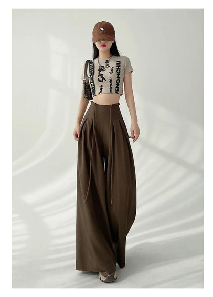 Women’s Streetwear Wide Leg Pants Bottom – Korean High Waist Lace-Up Suit Trousers, Elegant Black Summer Fashion