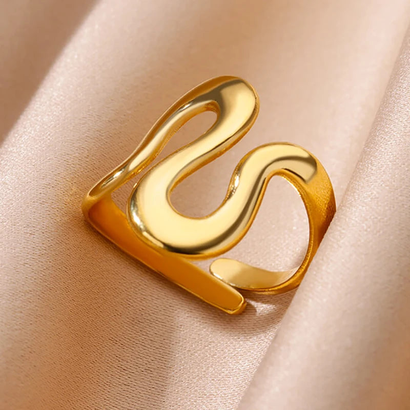 Women’s 316L Stainless Steel Geometric Open Ring – Gold Color Multilayer Vintage Waterproof Jewelry