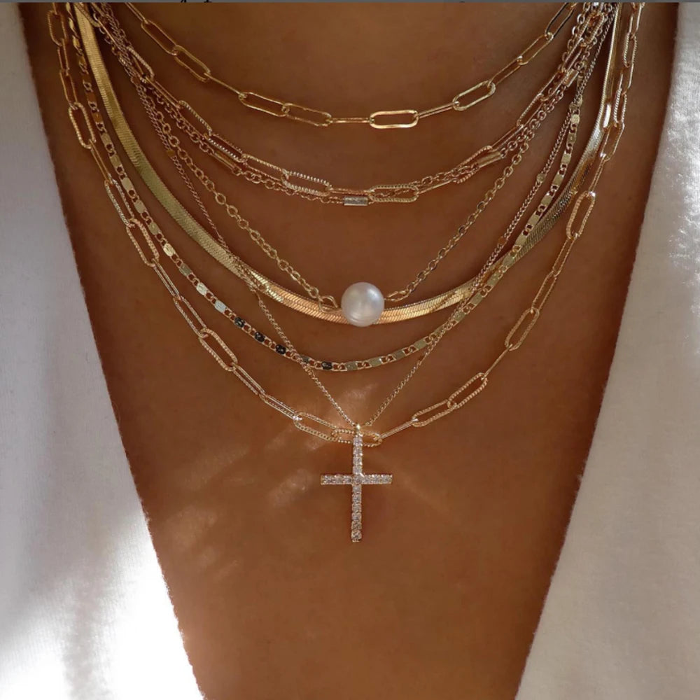 Women’s Jewelry Boho Layered Crystal Pendant Necklace | Vintage | Gold Tone | Trendy