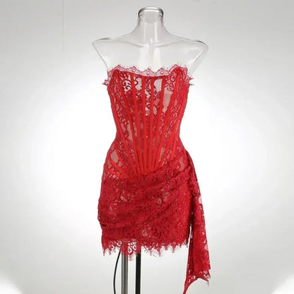 Women’s Strapless Lace Sexy Mini Dress – Elegant Party Sheer Patchwork Slim Fit Gown