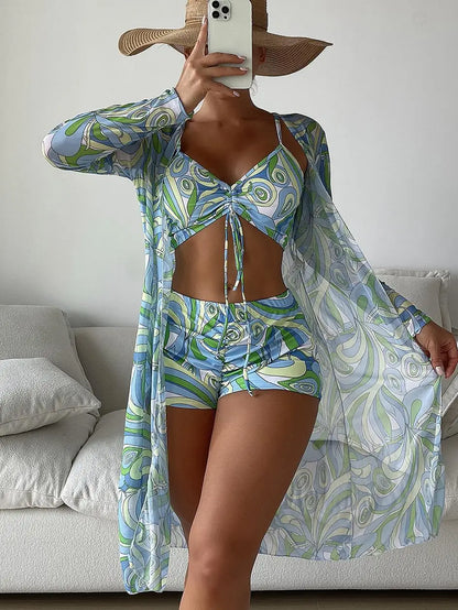 Women’s Printed Swimwear High Waist 3 Piece Set