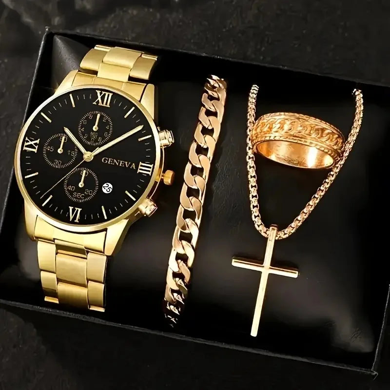 Men’s Luxury Quartz Watch Gift Jewelry Set – Gold Roman Calendar Wristwatch with Cross Necklace, Bracelet & Ring