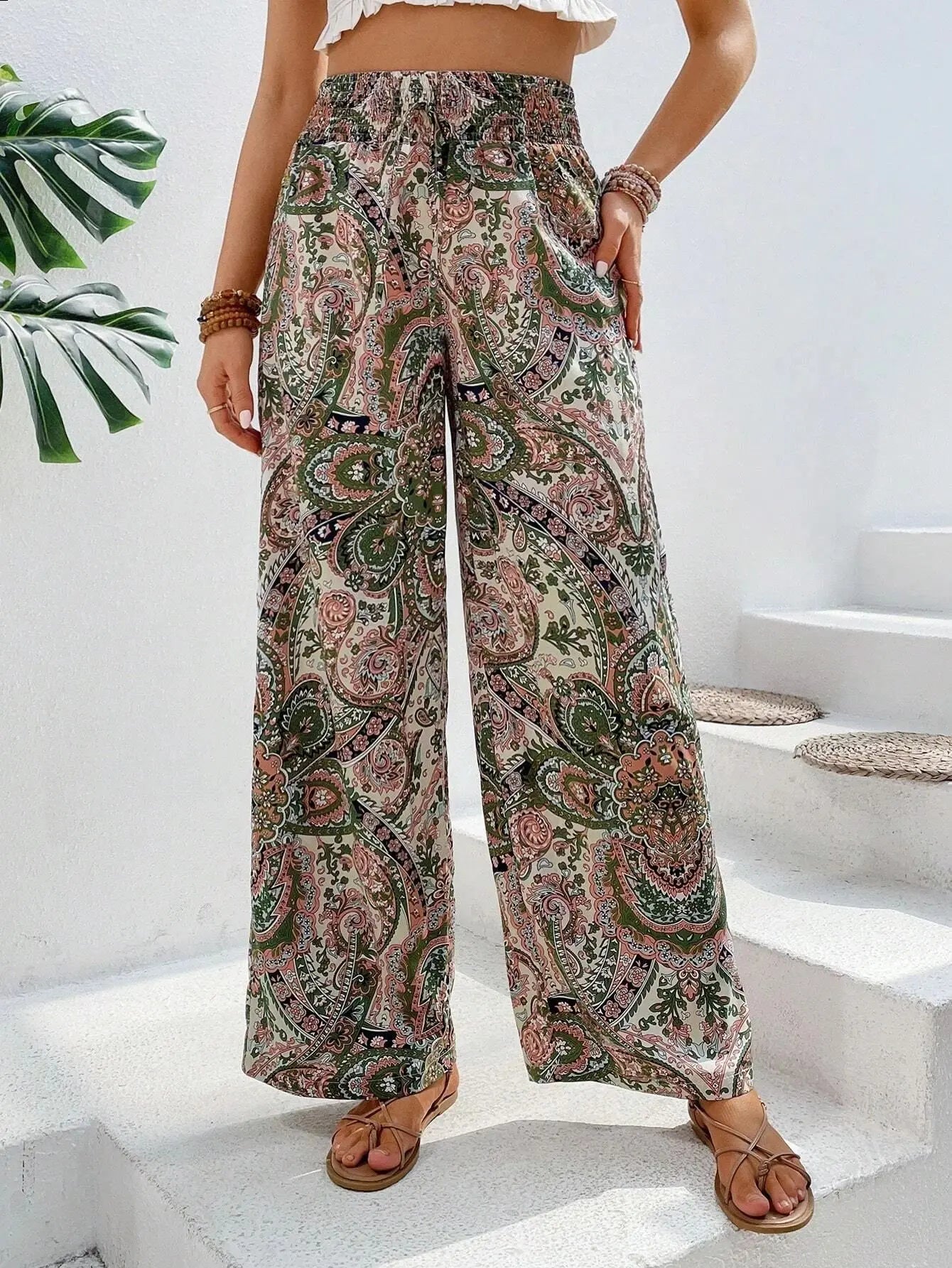 Women’s Summer Printed Pants Bottom – Elastic Waist Wide Leg Straight Trousers, Versatile & Breathable Streetwear
