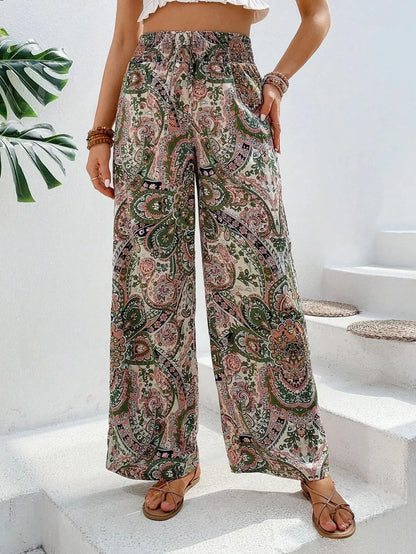 Women’s Summer Printed Pants Bottom – Elastic Waist Wide Leg Straight Trousers, Versatile & Breathable Streetwear
