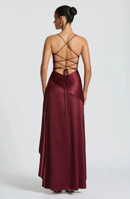 Women’s Satin Spaghetti Strap Maxi Dress – Elegant Split Backless Evening & Party Dress