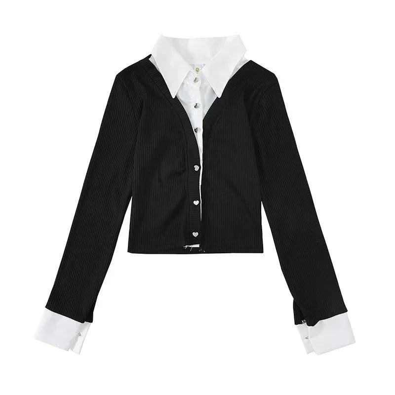Women’s Y2K Autumn Splicing Fake Two Piece Crop Top Shirt | Slim Fit Long Sleeve Cardigan Style Street Fashion Top