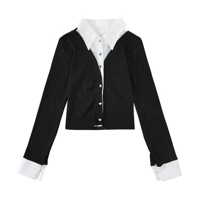 Women’s Y2K Autumn Splicing Fake Two Piece Crop Top Shirt | Slim Fit Long Sleeve Cardigan Style Street Fashion Top