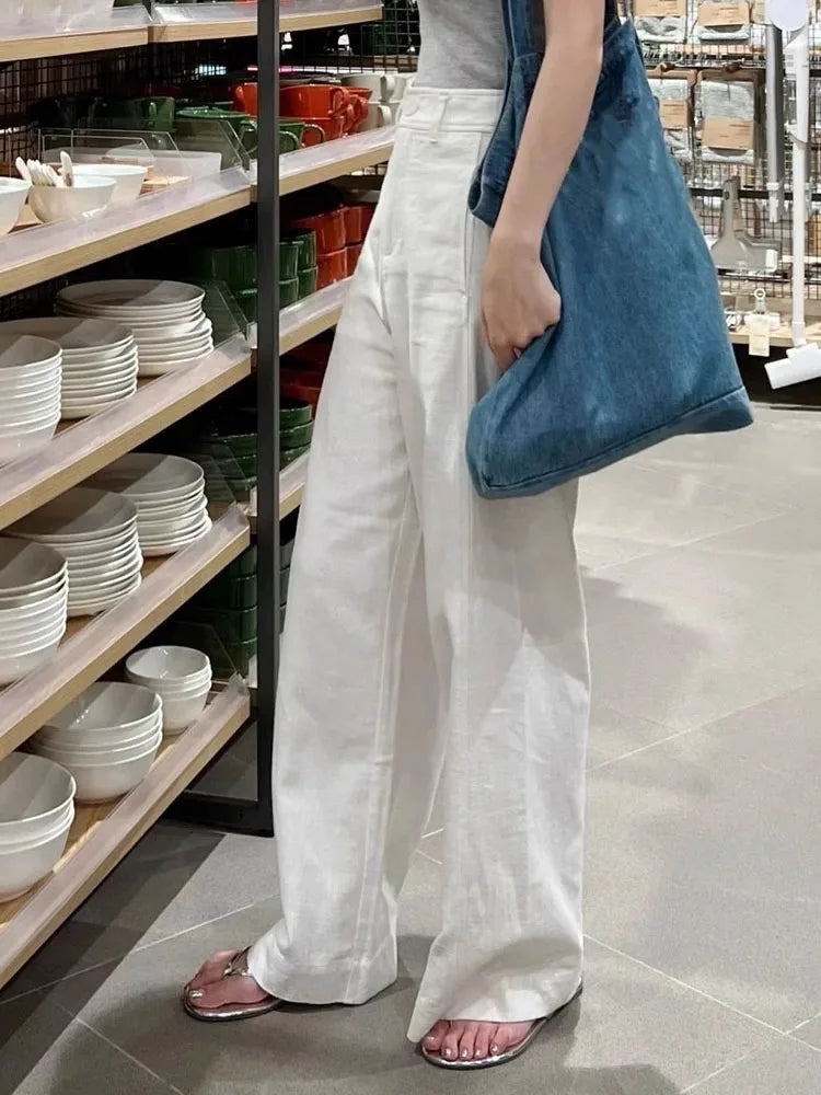 Women’s White Cotton Linen Wide Leg Pants Bottom – High Waist Casual