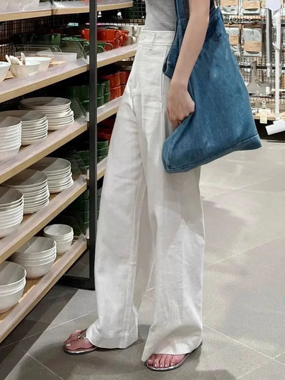 Women’s White Cotton Linen Wide Leg Pants Bottom – High Waist Casual