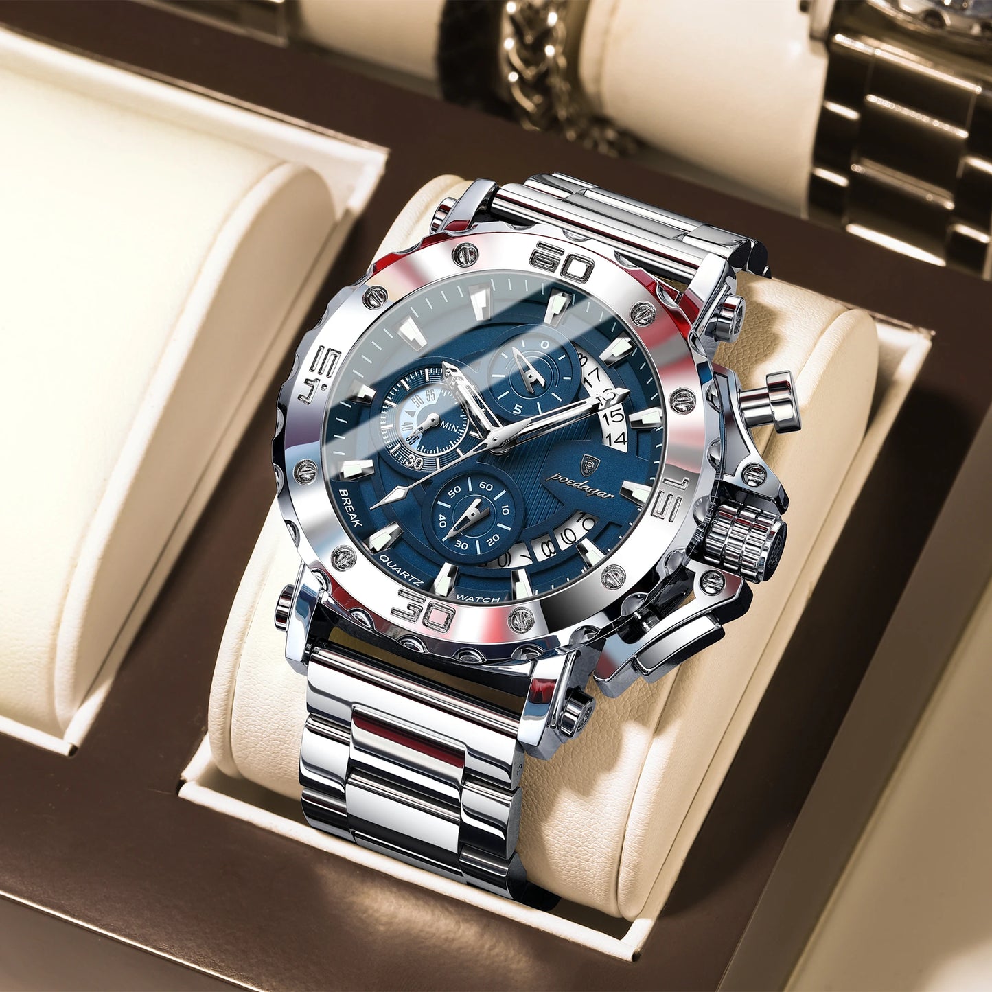 Men’s Luxury Stainless Steel Chronograph Watch – Waterproof Wristwatch with Calendar & Luminous Dial