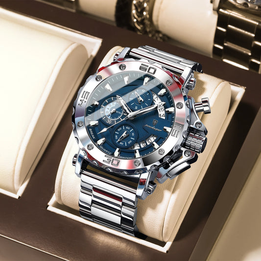 Men’s Luxury Stainless Steel Chronograph Watch – Waterproof Wristwatch with Calendar & Luminous Dial