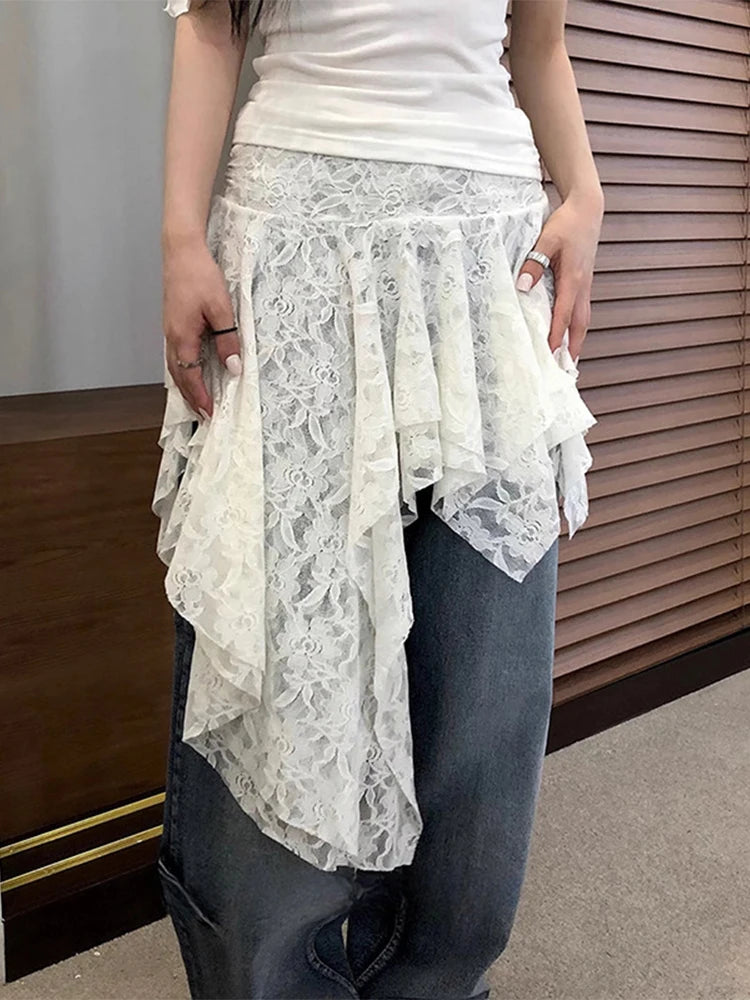 Women’s Asymmetrical Lace Skirt Pants Bottom – High Waist Layered Y2K Vintage Skirt