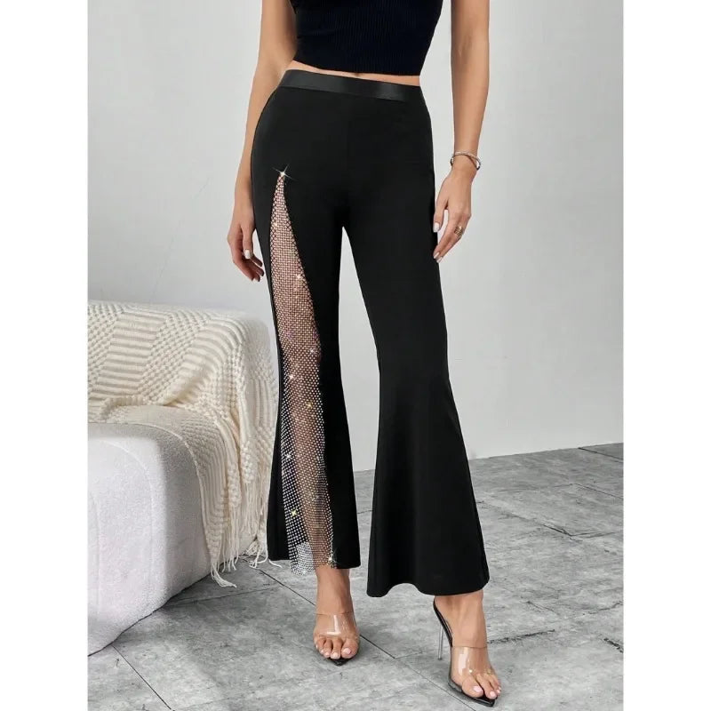 Women’s Street Fashion Flared Pants Bottom – Glitter High Slit Bootcut Trousers, Mid Waist Grenadine Fabric for Party & Night Out