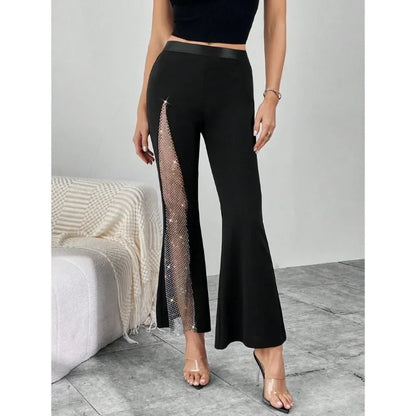 Women’s Street Fashion Flared Pants Bottom – Glitter High Slit Bootcut Trousers, Mid Waist Grenadine Fabric for Party & Night Out