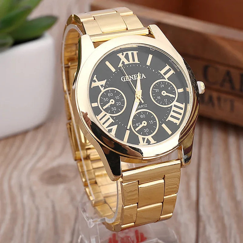 Men’s Light Luxury Watch – Gold Stainless Steel Wristwatch with 3-Eye Dial