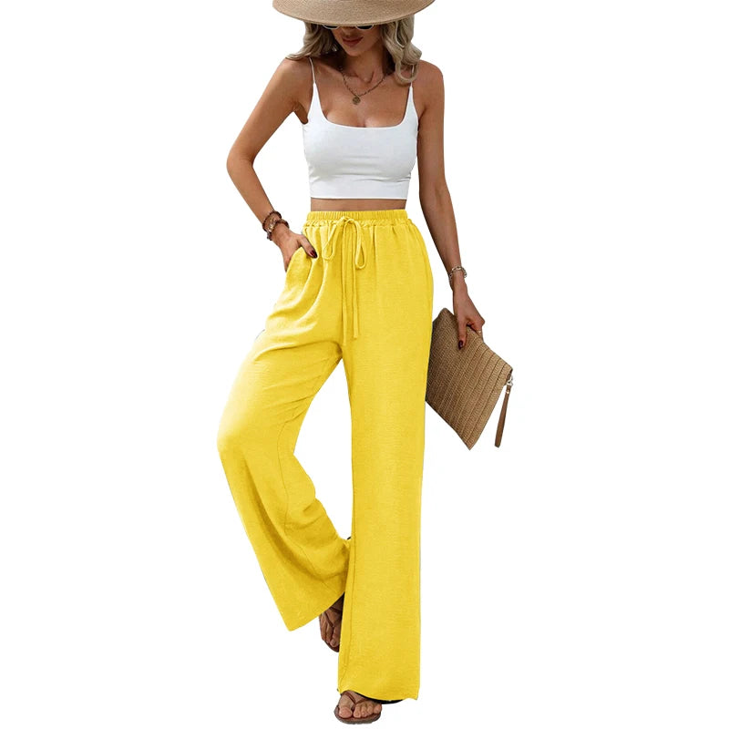 Women’s High-Waist Wide-Leg Pants – Elastic Waist Straight Trousers with Tie Front & Pockets
