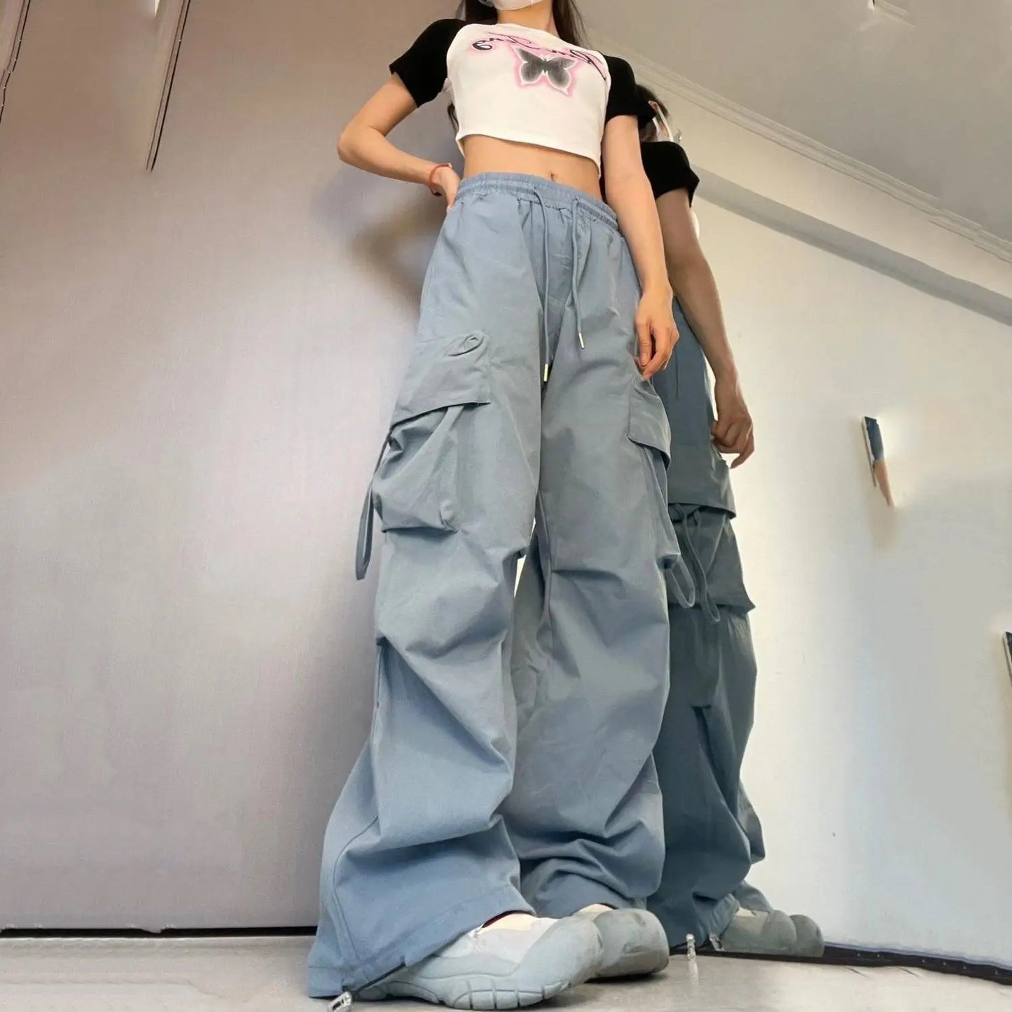 Women’s Vintage Cargo Sweatpants Bottom – Elastic Waist Oversized Wide Leg Baggy Trousers, Retro Streetwear Fashion