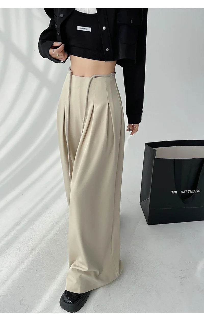 Women’s Streetwear Wide Leg Pants Bottom – Korean High Waist Lace-Up Suit Trousers, Elegant Black Summer Fashion