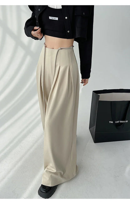 Women’s Streetwear Wide Leg Pants Bottom – Korean High Waist Lace-Up Suit Trousers, Elegant Black Summer Fashion