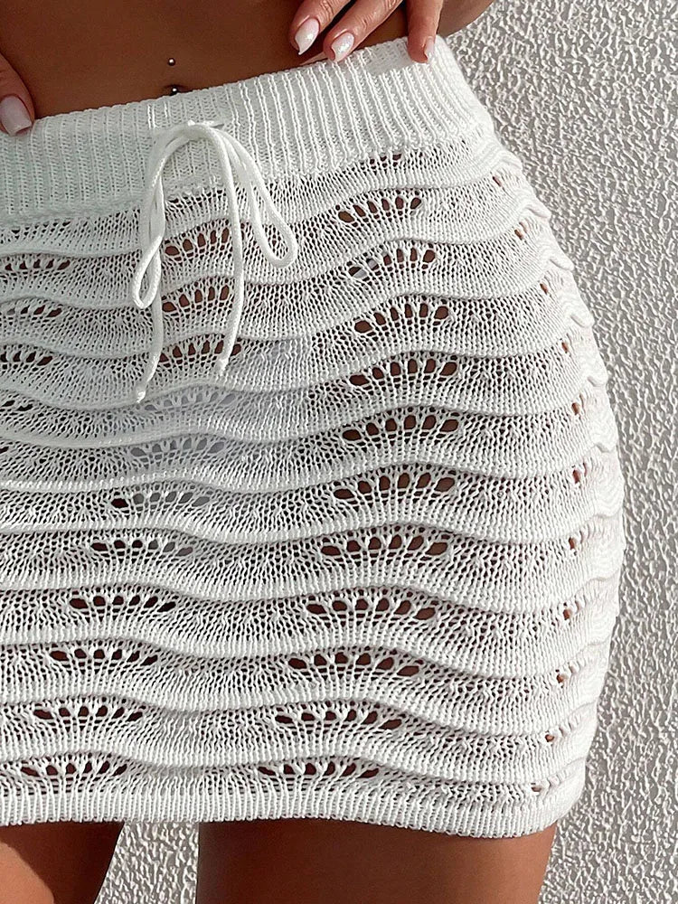 Women’s Hollow Knitted Beach Skirt Bottom – Elegant Solid Color Bikini Cover Up Skirt