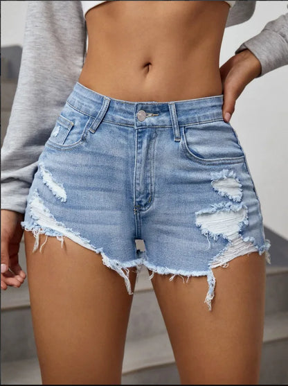 Women’s High Rise Light Blue Distressed Jean Shorts Bottom – Y2K Vintage Raw Edge Slim Fit