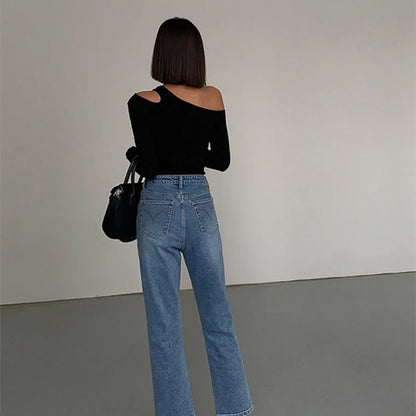 Women’s Fashion Skew Collar Off-Shoulder Long Sleeve Crop Top | Slim Fit Sexy Hollow Out Tee | Spring Solid Top