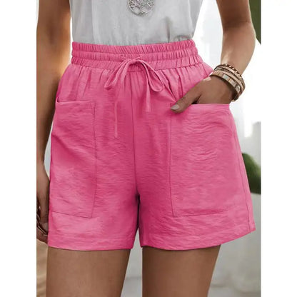 Women’s Loose Linen Shorts Bottom – High Waist Wide Leg Solid Color Casual Summer Bermuda with Pockets