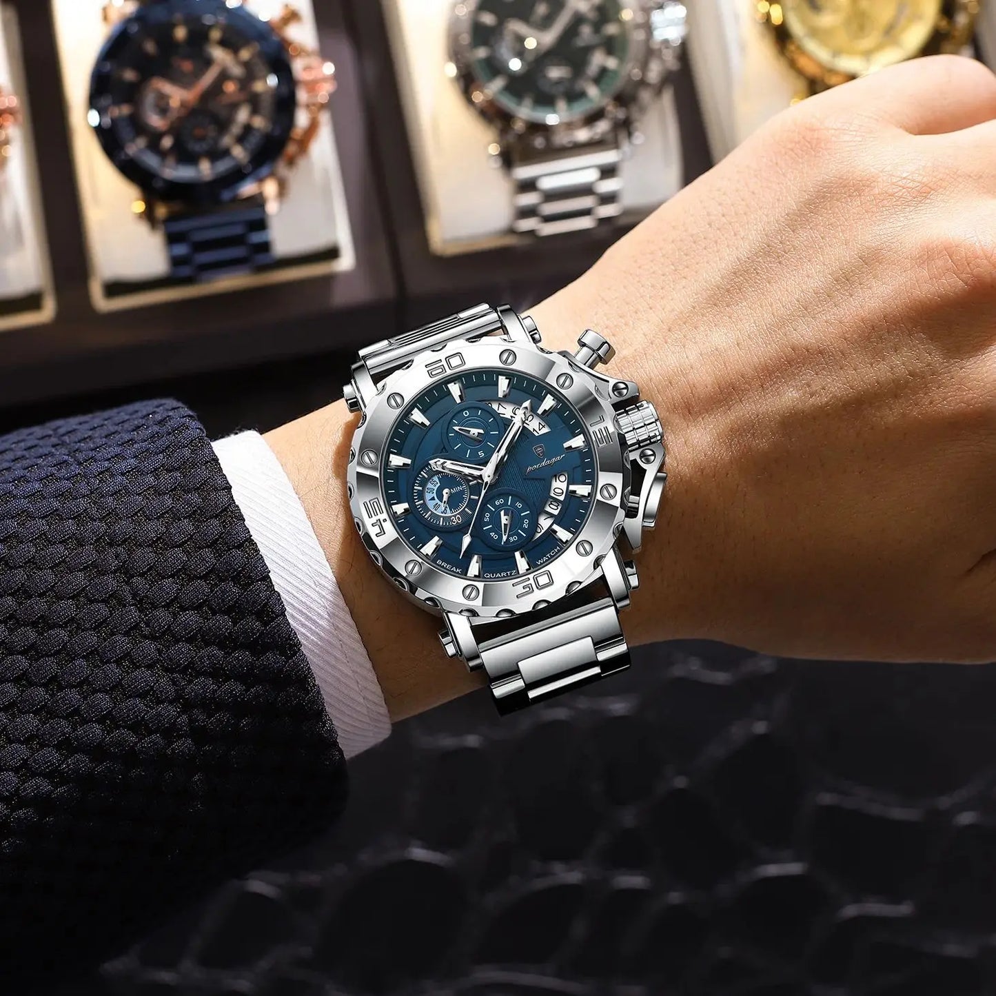 Men’s Luxury Stainless Steel Chronograph Watch – Waterproof Wristwatch with Calendar & Luminous Dial