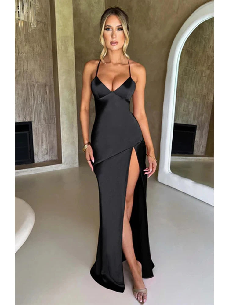 Women’s Satin Spaghetti Strap Dress – Elegant Backless Lace-Up Split Hem Long Party Maxi Dress
