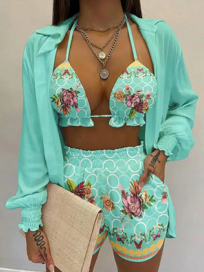 Women’s Green Print High Waist Swimwear Set