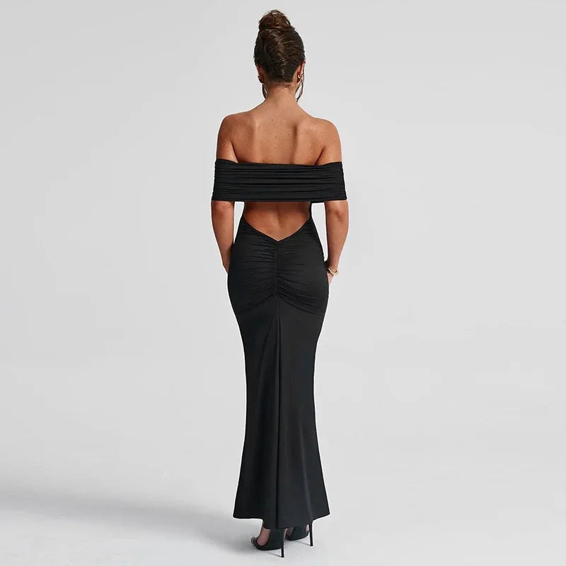 Women’s Off-Shoulder Backless Dress – Elegant Pleated High Slit Evening Party Dress