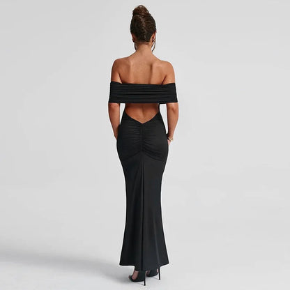 Women’s Off-Shoulder Backless Dress – Elegant Pleated High Slit Evening Party Dress