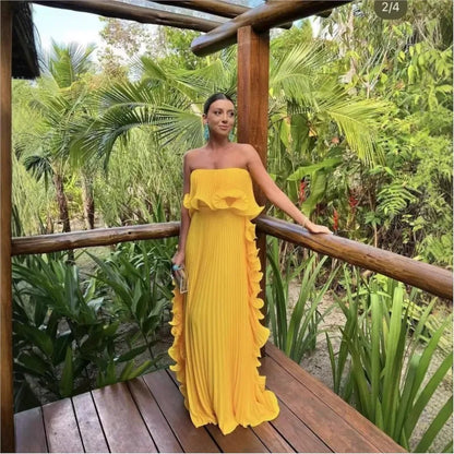 Women’s Strapless Pleated Dress – Elegant Ruffled Maxi Dress for Summer & Formal Events