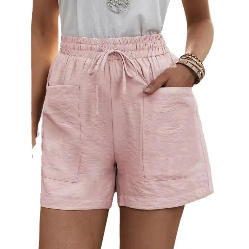 Women’s Loose Linen Shorts Bottom – High Waist Wide Leg Solid Color Casual Summer Bermuda with Pockets