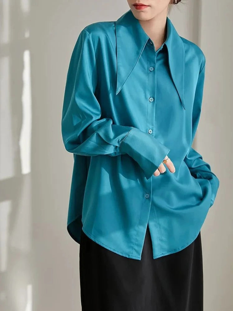 Women’s Career Loose Shirt Top | Pointed Collar Solid Long Sleeve French Office Blouse