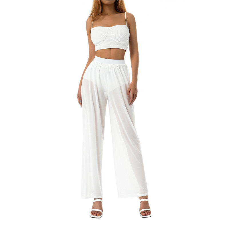 Women’s Cover-Up Pants Bottom – Sheer See-Through Bikini Swimsuit Cover-Up with Elastic Waist and Wide Leg Palazzo Style