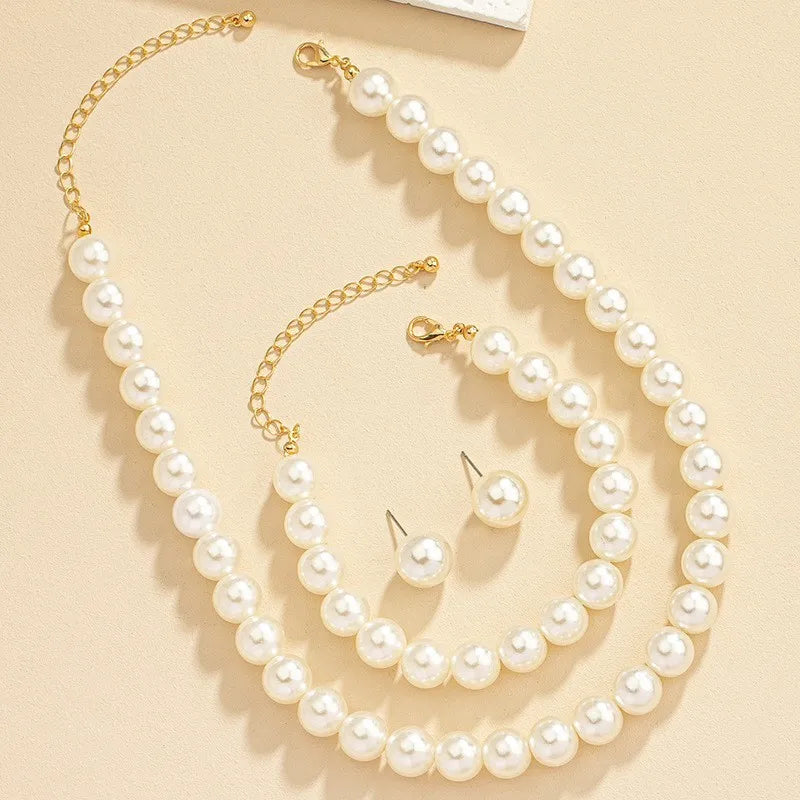 Women’s Minimalist Pearl Jewelry Set – Elegant Necklace, Earrings & Bracelet for Party Accessories