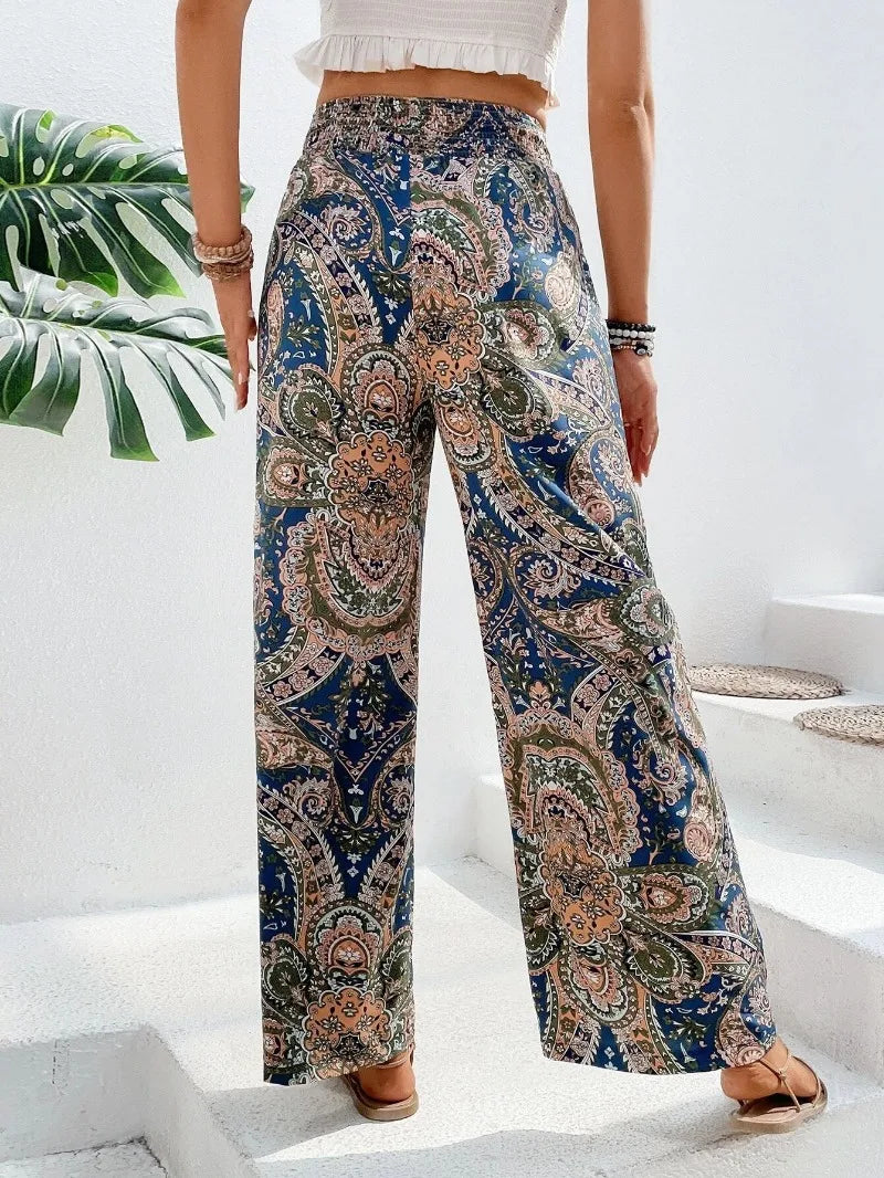 Women’s Summer Printed Pants Bottom – Elastic Waist Wide Leg Straight Trousers, Versatile & Breathable Streetwear
