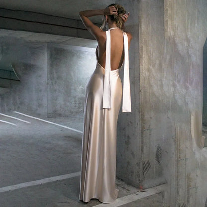 Women’s Halter Satin Maxi Dress – Elegant Sexy Backless Slit Party Gown