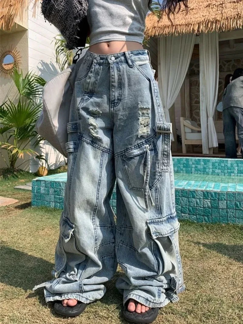 Women’s Baggy Jeans Bottom – Y2K Streetwear Wide-Leg Denim Pants with Tooling Pockets Hip Hop Oversized Style