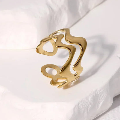 Women’s Irregular Wave Stainless Steel Ring – Adjustable Gold Color Statement Jewelry